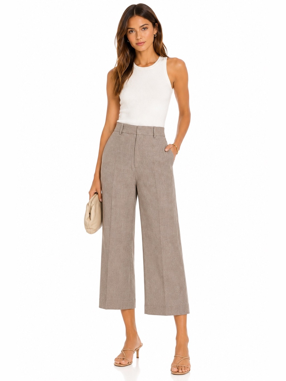 REISS ATELIER Wide Leg Trousers Taupe Linen Blend High Rise Tailored Pants